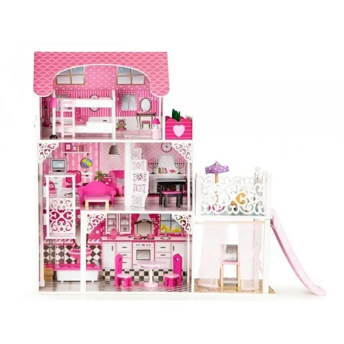 Casuta de Papusi Ecotoys, XXL, lemn, mobilier, lift, topogan, roz KID069966 — imaginea 2