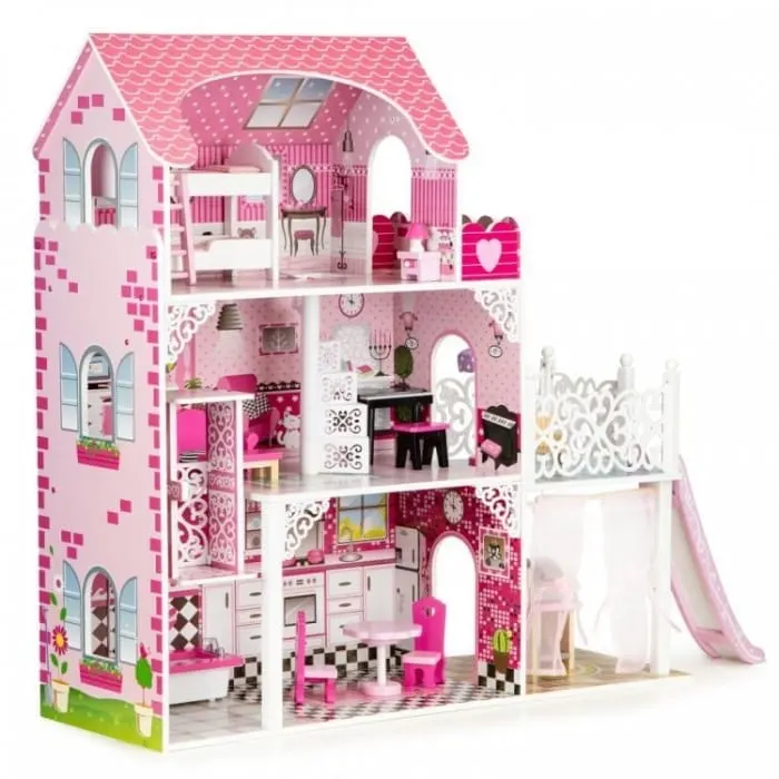 Casuta de Papusi Ecotoys, XXL, lemn, mobilier, lift, topogan, roz KID069966 — imaginea 3