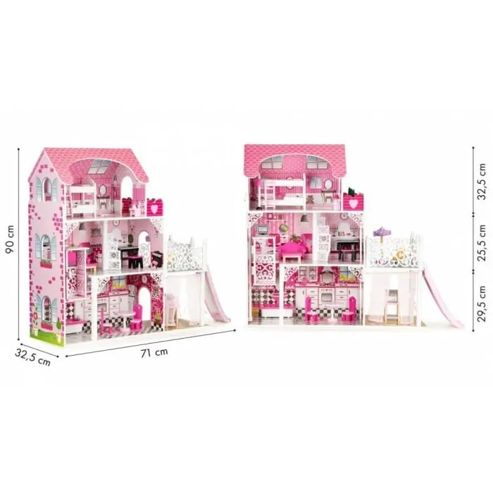 Casuta de Papusi Ecotoys, XXL, lemn, mobilier, lift, topogan, roz KID069966 — imaginea 4