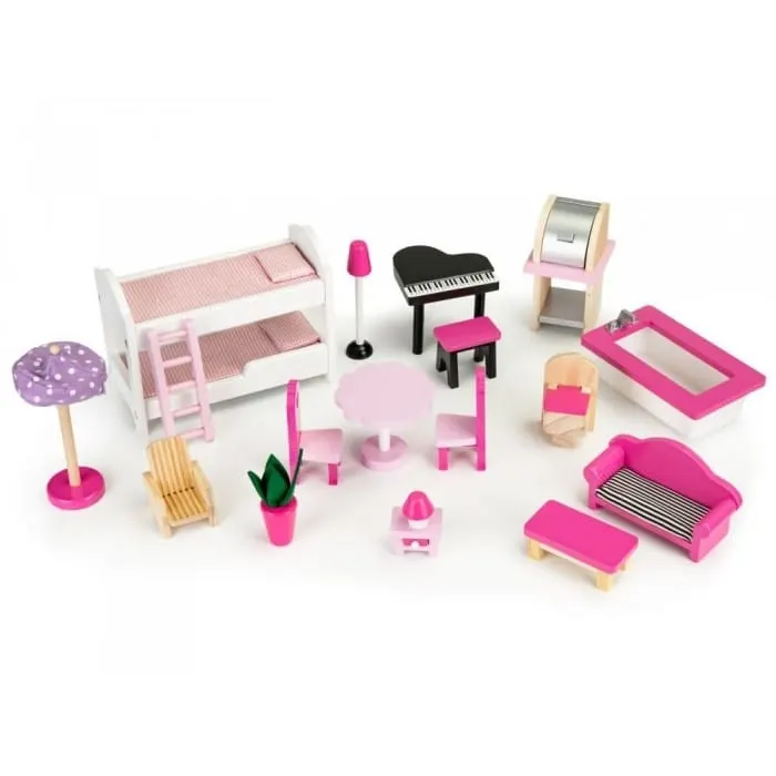 Casuta de Papusi Ecotoys, XXL, lemn, mobilier, lift, topogan, roz KID069966 — imaginea 5