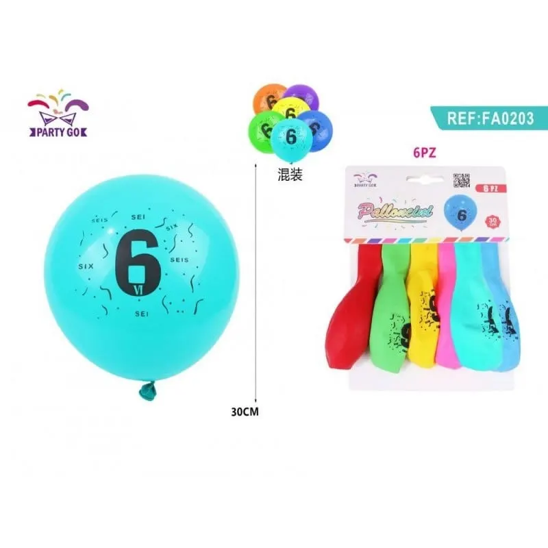 Set 6 Baloane aniversare PartyGo cifra 6, 30cm, imprimate, diverse culori