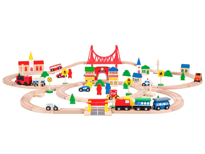 Circuit trenulet Ecotoys, lemn, baterie, 90 elemente KID065425 — imaginea 2