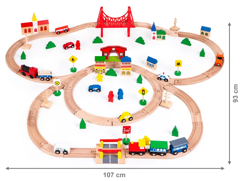 Circuit trenulet Ecotoys, lemn, baterie, 90 elemente KID065425 — imaginea 5
