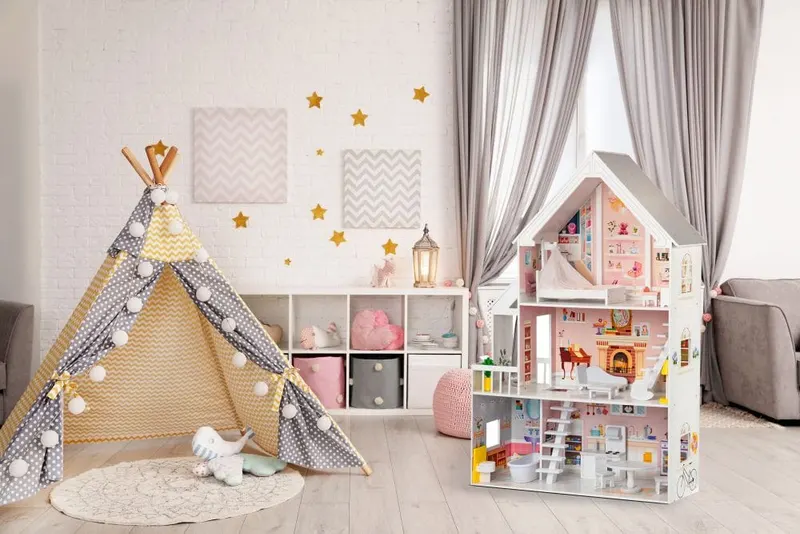 Casuta de Papusi Ecotoys, XXL, lemn, mobilier, 3 etaje, multicolor KID068860 — imaginea 5