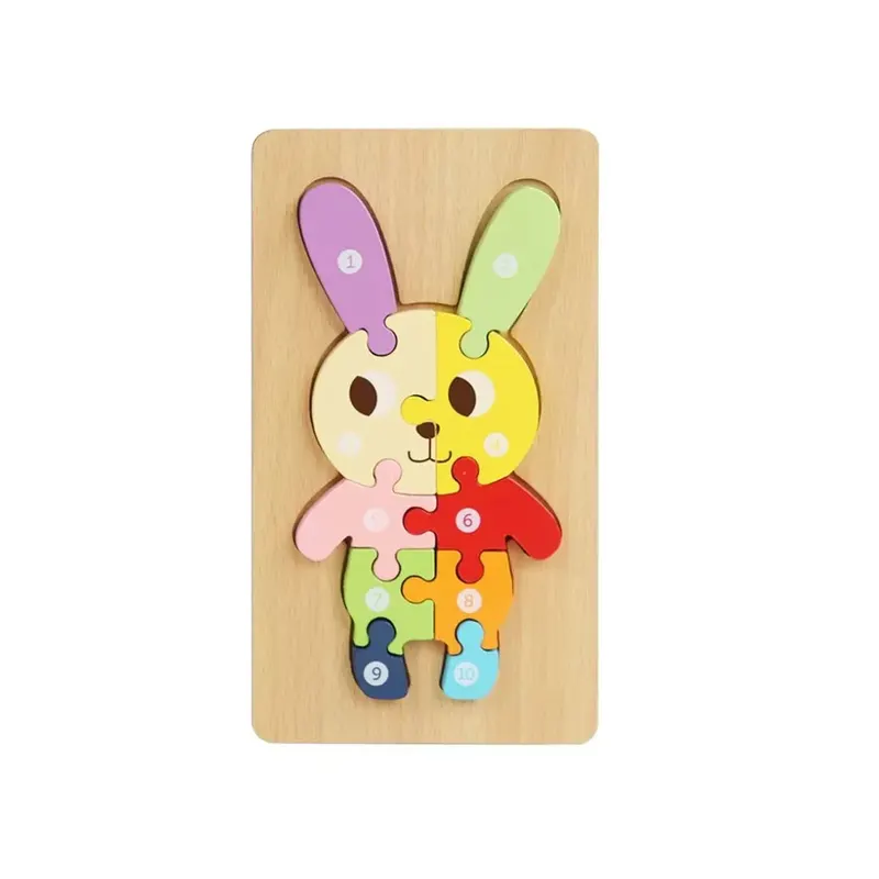 Puzzle 3D Montessori din lemn, 10 piese, 2 ani+ - Iepuraș