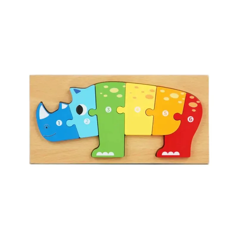 Puzzle 3D din lemn, 6-9 piese, 2 ani+ - Rinocer