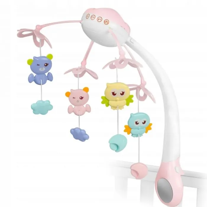 Carusel muzical patut Ricokids, cu proiector, sunete si jucarii, roz KID607203