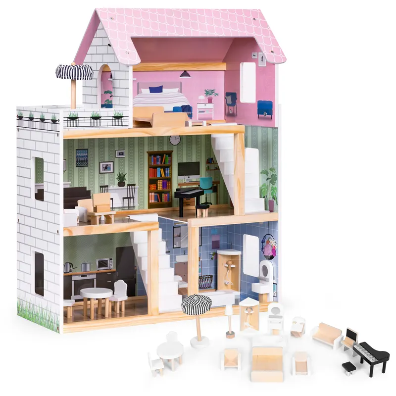 Casuta de Papusi Ecotoys, lemn, 3 etaje, terasa, mobilier, 15 piese, multicolor KID004003