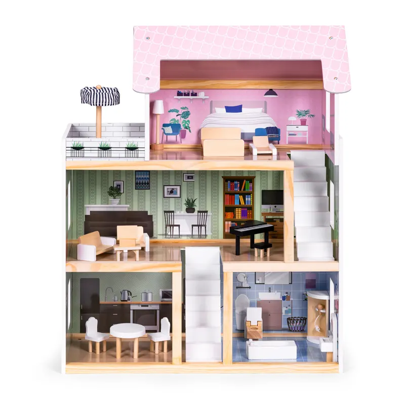 Casuta de Papusi Ecotoys, lemn, 3 etaje, terasa, mobilier, 15 piese, multicolor KID004003 — imaginea 2