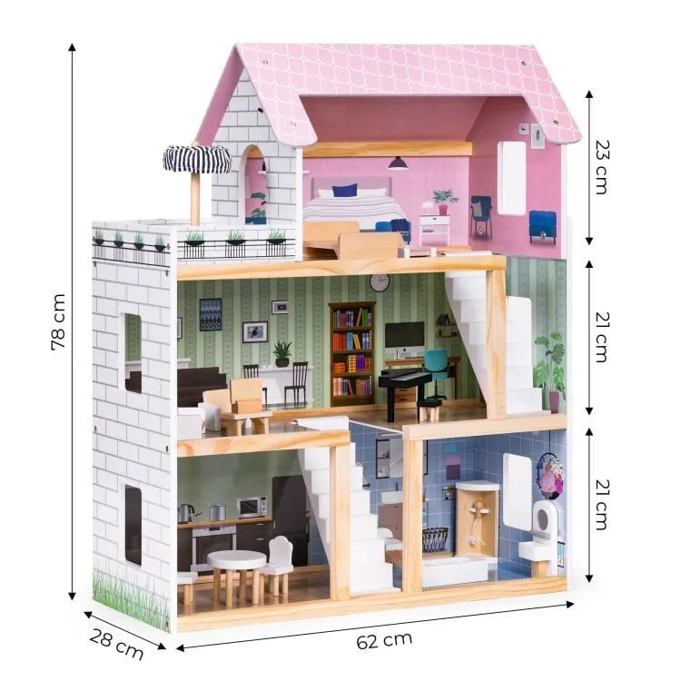 Casuta de Papusi Ecotoys, lemn, 3 etaje, terasa, mobilier, 15 piese, multicolor KID004003 — imaginea 3