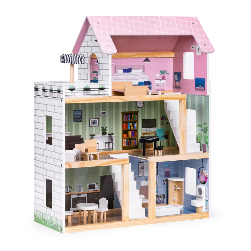 Casuta de Papusi Ecotoys, lemn, 3 etaje, terasa, mobilier, 15 piese, multicolor KID004003 — imaginea 4