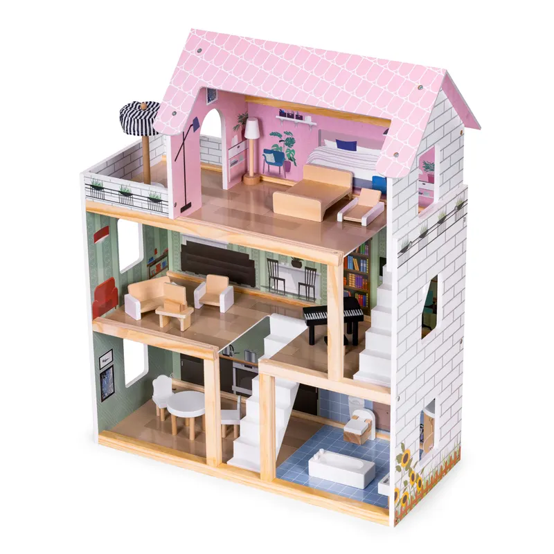 Casuta de Papusi Ecotoys, lemn, 3 etaje, terasa, mobilier, 15 piese, multicolor KID004003 — imaginea 5
