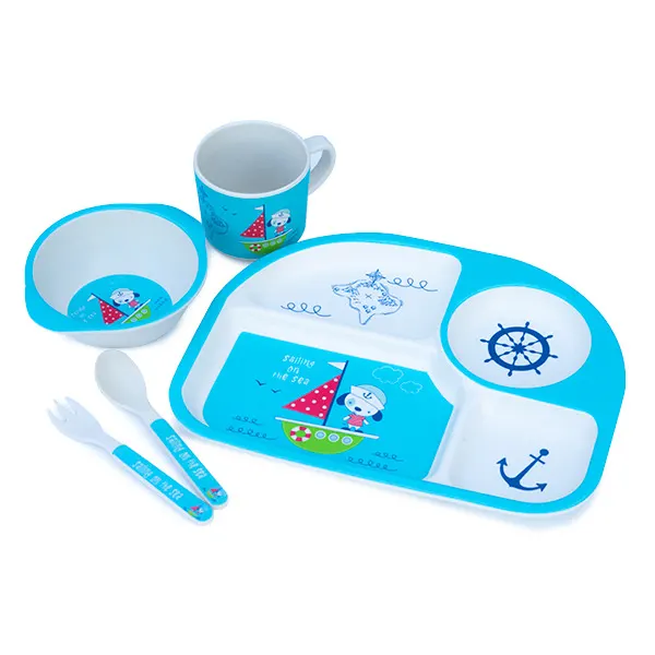 Set de Masa Alb si Albastru cu Ancora pentru Copii din 5 Piese