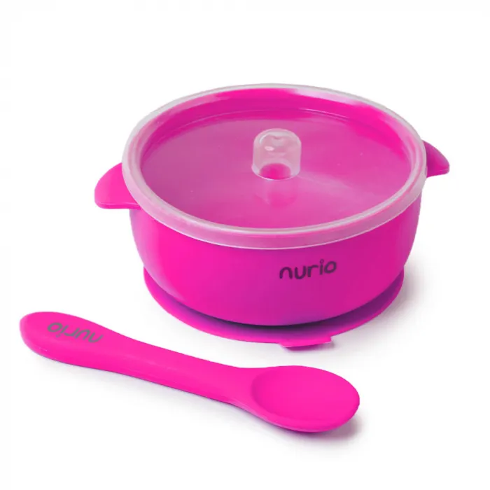 Bol Hranire Bebelusi, din Silicon, cu Lingurita si Capac - Hot Pink