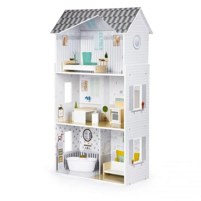 Casuta de Papusi Ecotoys, Grace, lemn, mobilier, 3 etaje, alb/gri KID974894