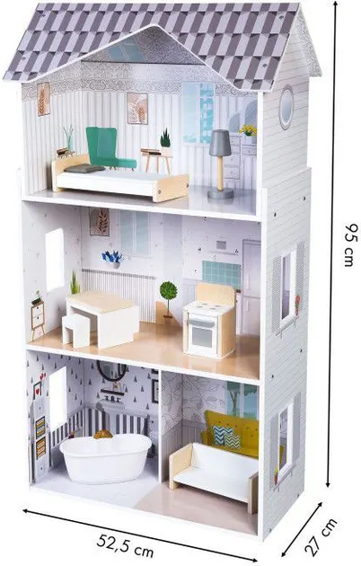 Casuta de Papusi Ecotoys, Grace, lemn, mobilier, 3 etaje, alb/gri KID974894 — imaginea 2
