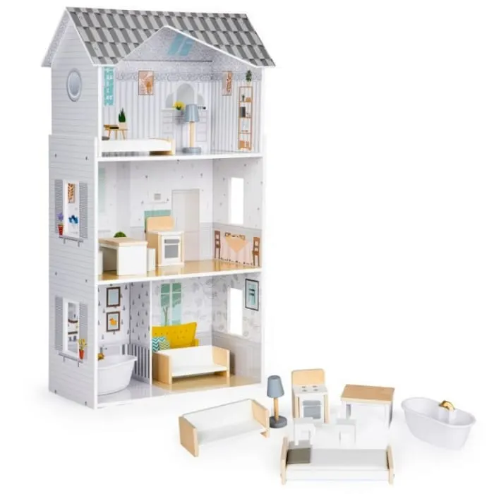 Casuta de Papusi Ecotoys, Grace, lemn, mobilier, 3 etaje, alb/gri KID974894 — imaginea 3