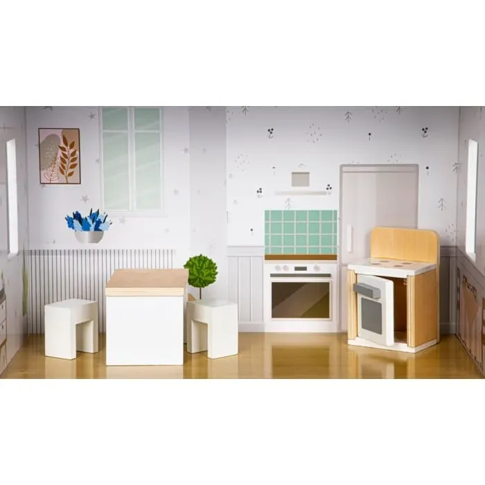 Casuta de Papusi Ecotoys, Grace, lemn, mobilier, 3 etaje, alb/gri KID974894 — imaginea 4