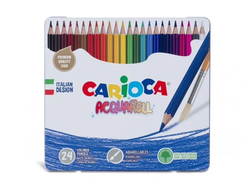 Set 24 creione colorate Carioca Aquarelle si cutie metalica pentru depozitare