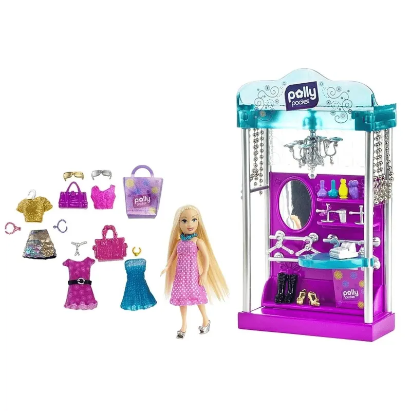Set de Joaca Polly Pocket, Magazinul de Imbracaminte, Papusa Polly, 7 Tinute, 28 Accesorii, +4 ani