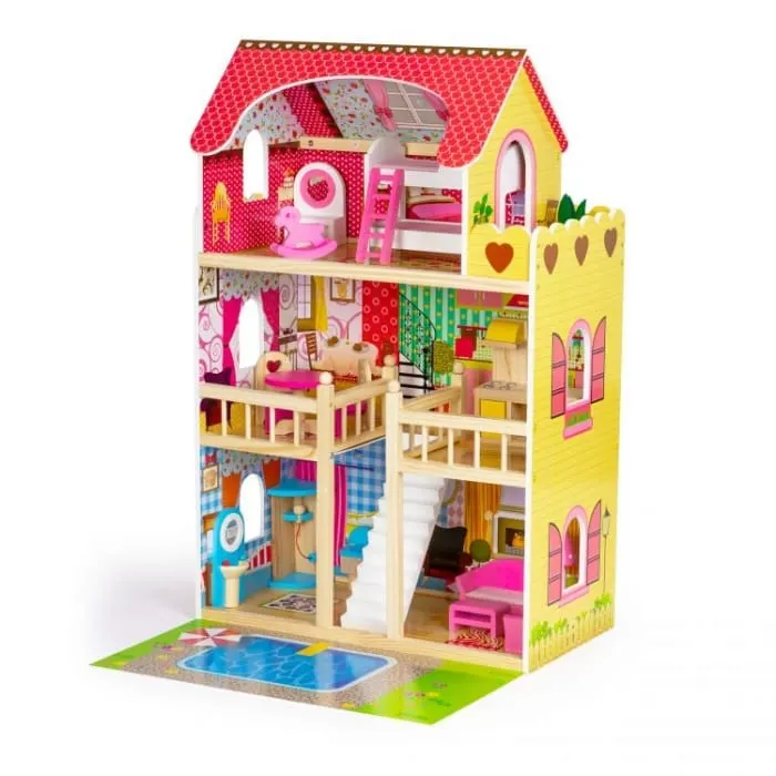 Casuta de Papusi Ecotoys, lemn, mobilier, piscina, multicolor KID974818
