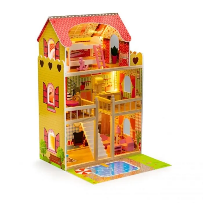 Casuta de Papusi Ecotoys, lemn, mobilier, piscina, multicolor KID974818 — imaginea 2