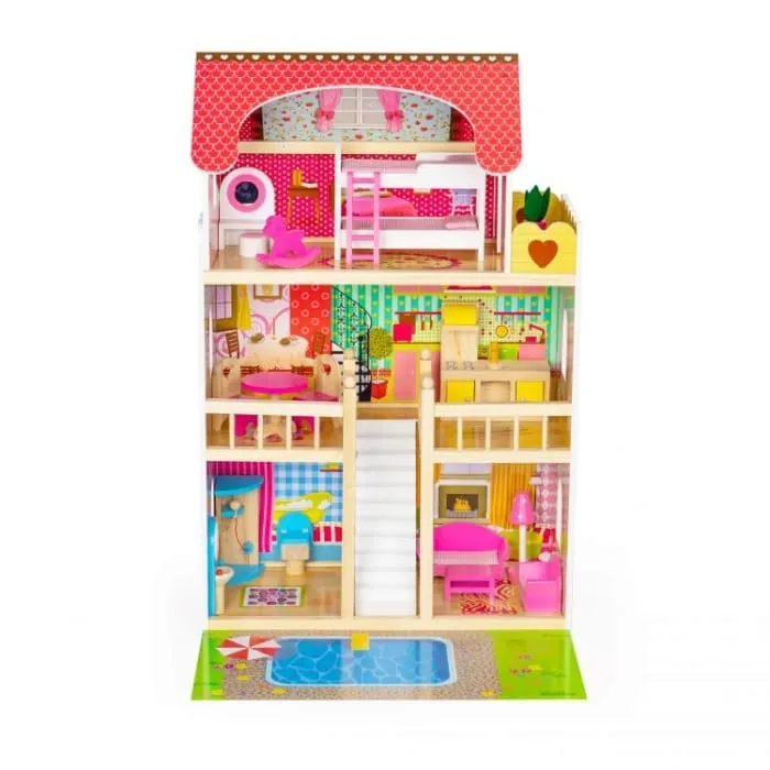 Casuta de Papusi Ecotoys, lemn, mobilier, piscina, multicolor KID974818 — imaginea 3