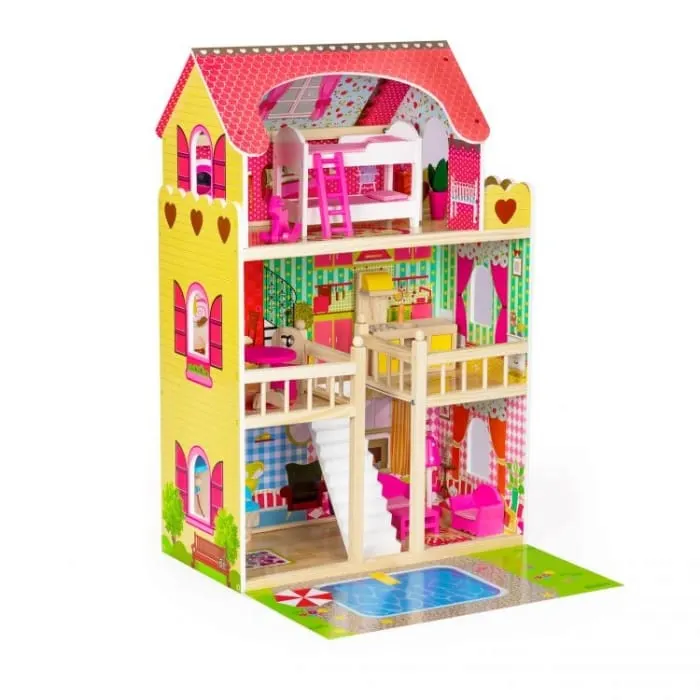 Casuta de Papusi Ecotoys, lemn, mobilier, piscina, multicolor KID974818 — imaginea 4