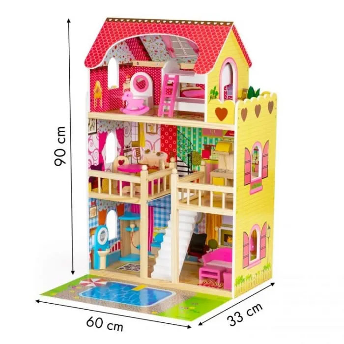 Casuta de Papusi Ecotoys, lemn, mobilier, piscina, multicolor KID974818 — imaginea 5