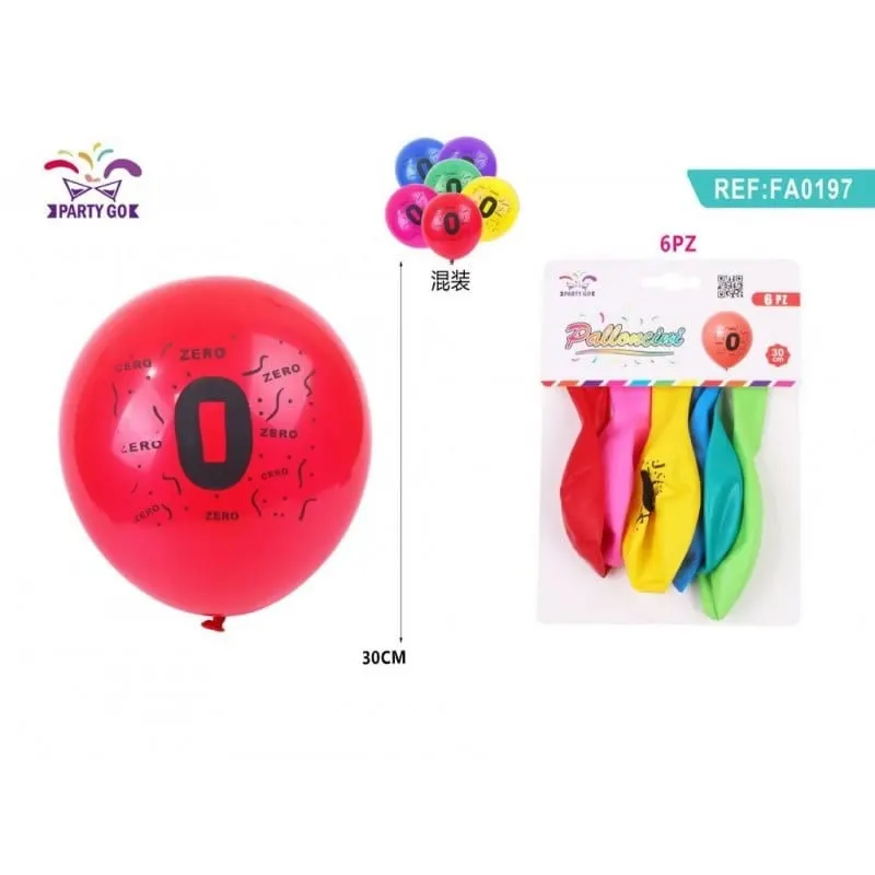 Set 6 Baloane aniversare PartyGo cifra 0, 30cm, imprimate, diverse culori