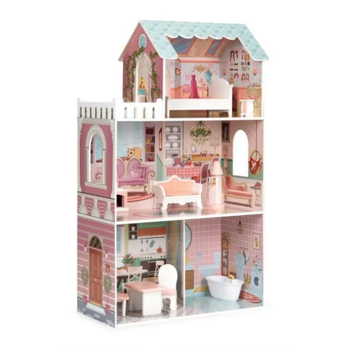 Casuta de Papusi Ecotoys, Barbie, lemn, mobilier, 3 etaje, roz KID000197