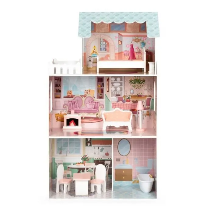 Casuta de Papusi Ecotoys, Barbie, lemn, mobilier, 3 etaje, roz KID000197 — imaginea 2
