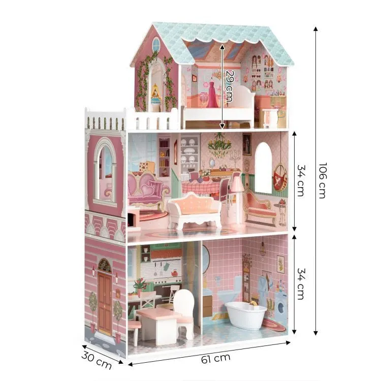 Casuta de Papusi Ecotoys, Barbie, lemn, mobilier, 3 etaje, roz KID000197 — imaginea 3