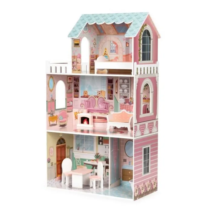Casuta de Papusi Ecotoys, Barbie, lemn, mobilier, 3 etaje, roz KID000197 — imaginea 4
