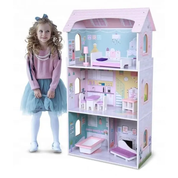 Casuta de Papusi Ecotoys, lemn, mobilier, 3 etaje, multicolor KID065289 — imaginea 2