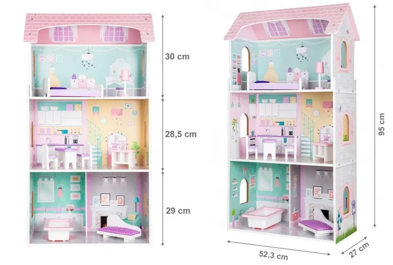 Casuta de Papusi Ecotoys, lemn, mobilier, 3 etaje, multicolor KID065289 — imaginea 3