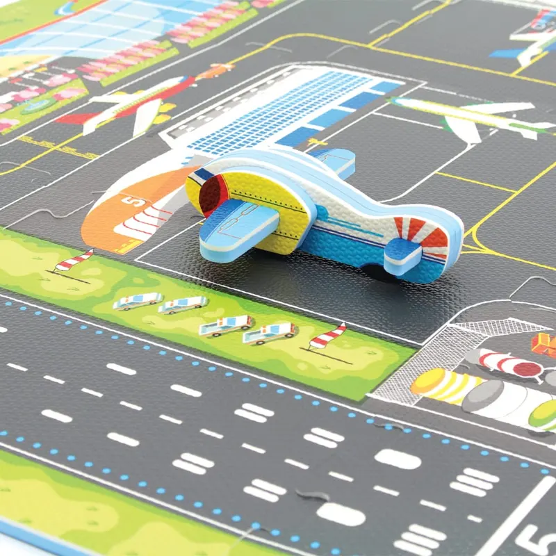 Covor Puzzle din Spuma EVA pentru Copii Ludiro, Set 9 Piese Educationale cu Aeroport, Avion 3D de Asamblat