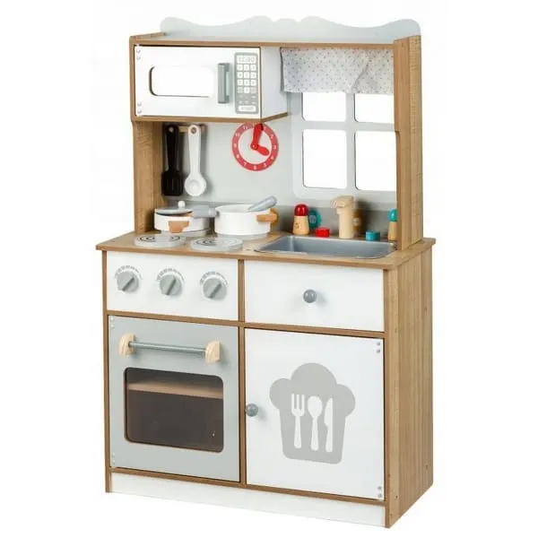 Bucatarie copii Ecotoys, lemn, set accesorii, alb/maro KID787824