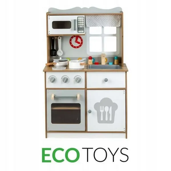 Bucatarie copii Ecotoys, lemn, set accesorii, alb/maro KID787824 — imaginea 2