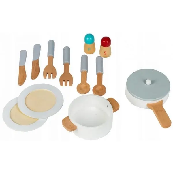 Bucatarie copii Ecotoys, lemn, set accesorii, alb/maro KID787824 — imaginea 5
