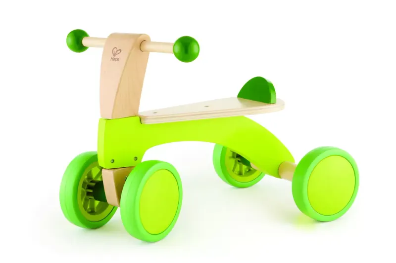 Bicicleta copii Hape, lemn, fara pedale, 4 roti, verde KID006997