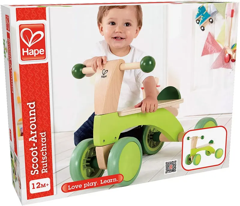 Bicicleta copii Hape, lemn, fara pedale, 4 roti, verde KID006997 — imaginea 5