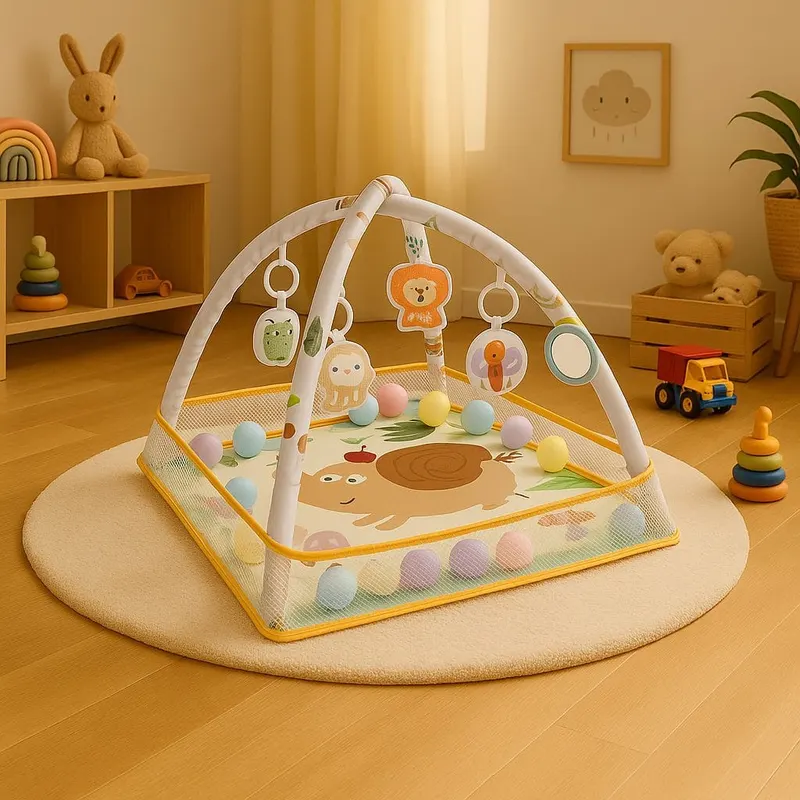 Centru de Activitati pentru Bebelusi cu Tematica Elefant, 75x75x52 Cm, Cu Jucarii Educationale Detasabile, Functie de Sunet, Oglinda, Ideal pentru Dezvoltarea Abilitatilor Sensoriale si Motorii