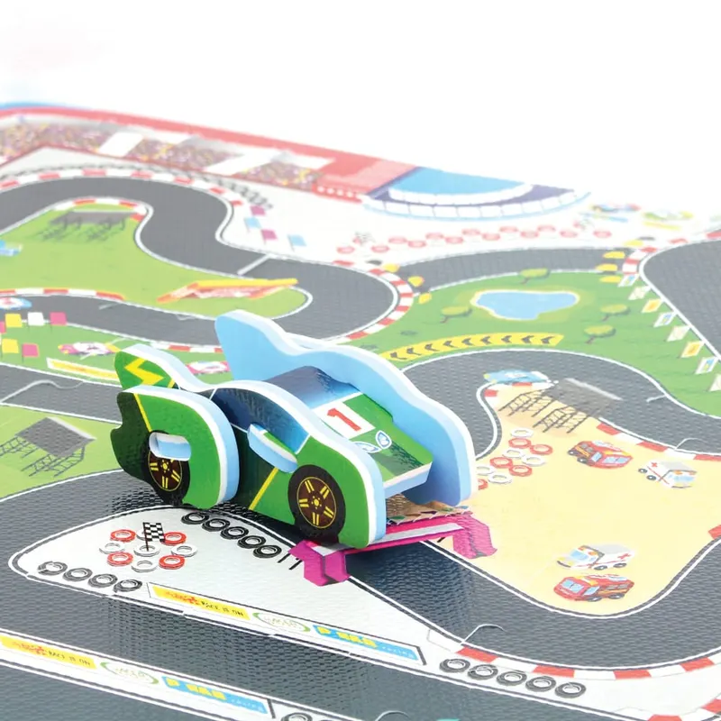 Covor Puzzle din Spuma EVA pentru Copii Ludiro, Set 9 Piese Educationale cu Circuit de Curse, Masinuta 3D