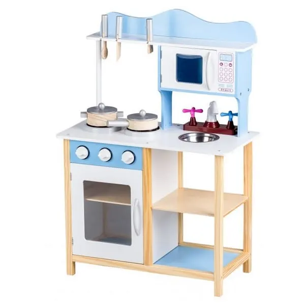 Bucatarie copii Ecotoys, lemn, 7 accesorii, albatru KID311731