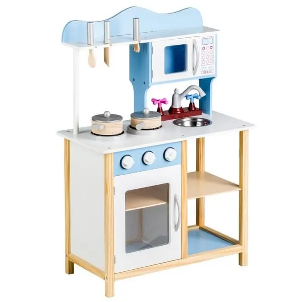 Bucatarie copii Ecotoys, lemn, 7 accesorii, albatru KID311731 — imaginea 2