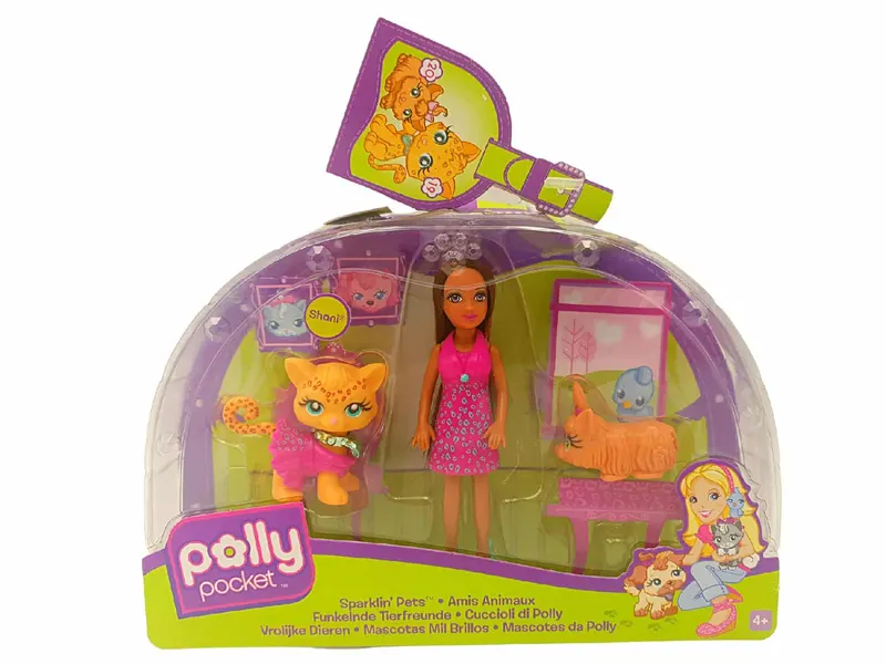 Set Polly Pocket Papusa si 2 Animalute, Colectia Sparklin` Pets, Shani, + 4 ani