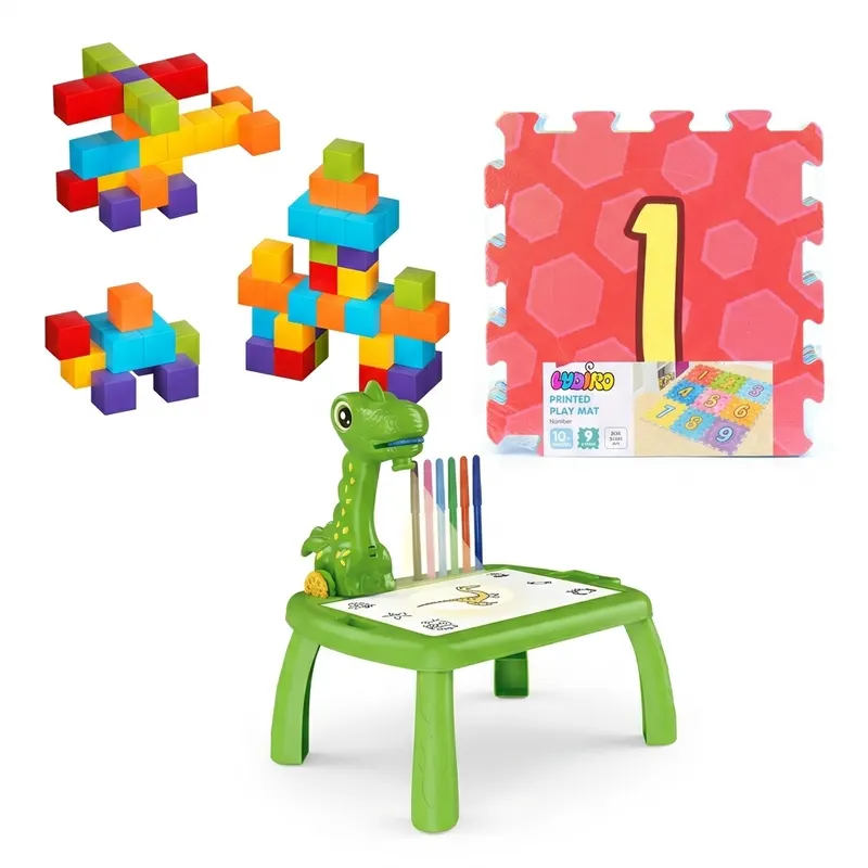 Pachet Jucării Educative Copii – Covor Puzzle Cifre 1-9 + Set 48 Cuburi Magnetice 3D STEM + Măsuță Desen cu Proiector Holografic Dinozaur | 3–4 ANI