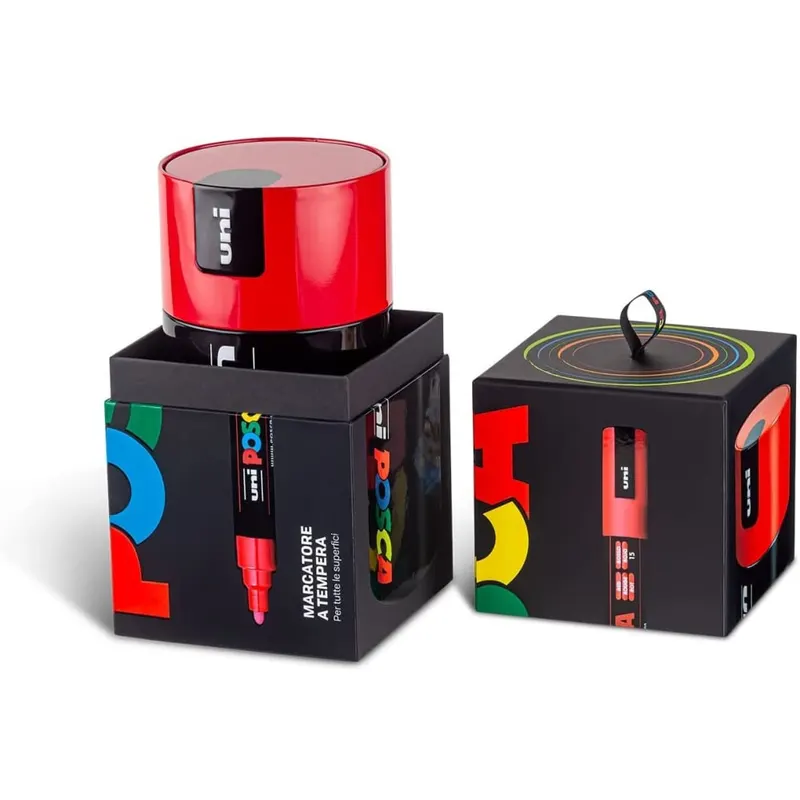 Set Posca 13 markere cu 3 tipuri de varfuri in cutie metalica rotunda