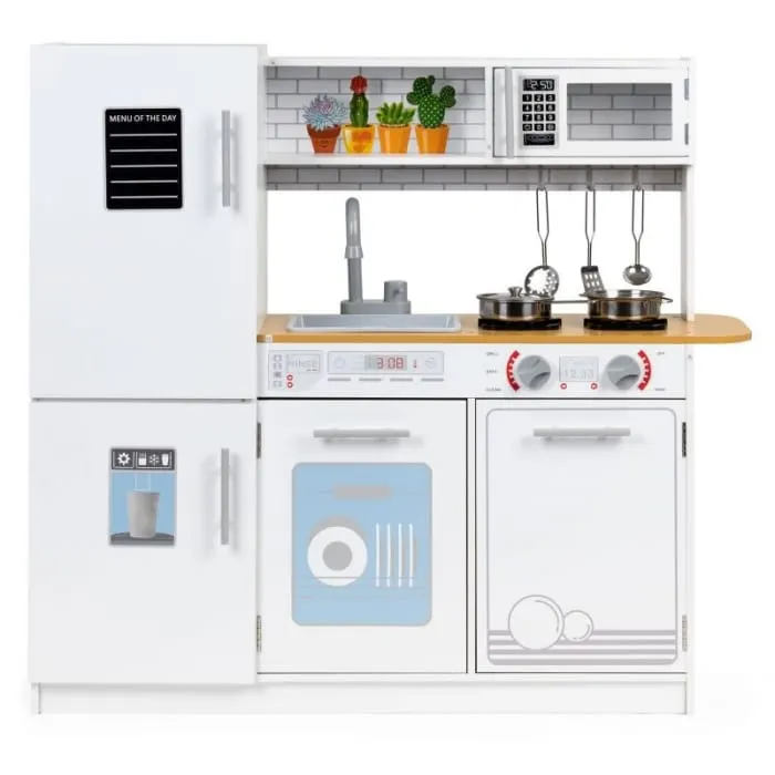 Bucatarie copii Ecotoys, lemn, accesorii si lumini, alb KID975402